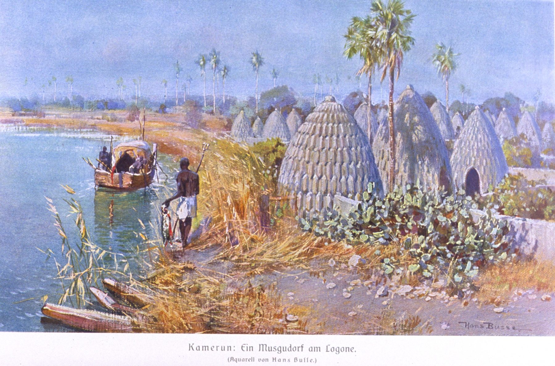 A Musgum village on the Logone, watercolour by Hans Busse (c. 1909).
